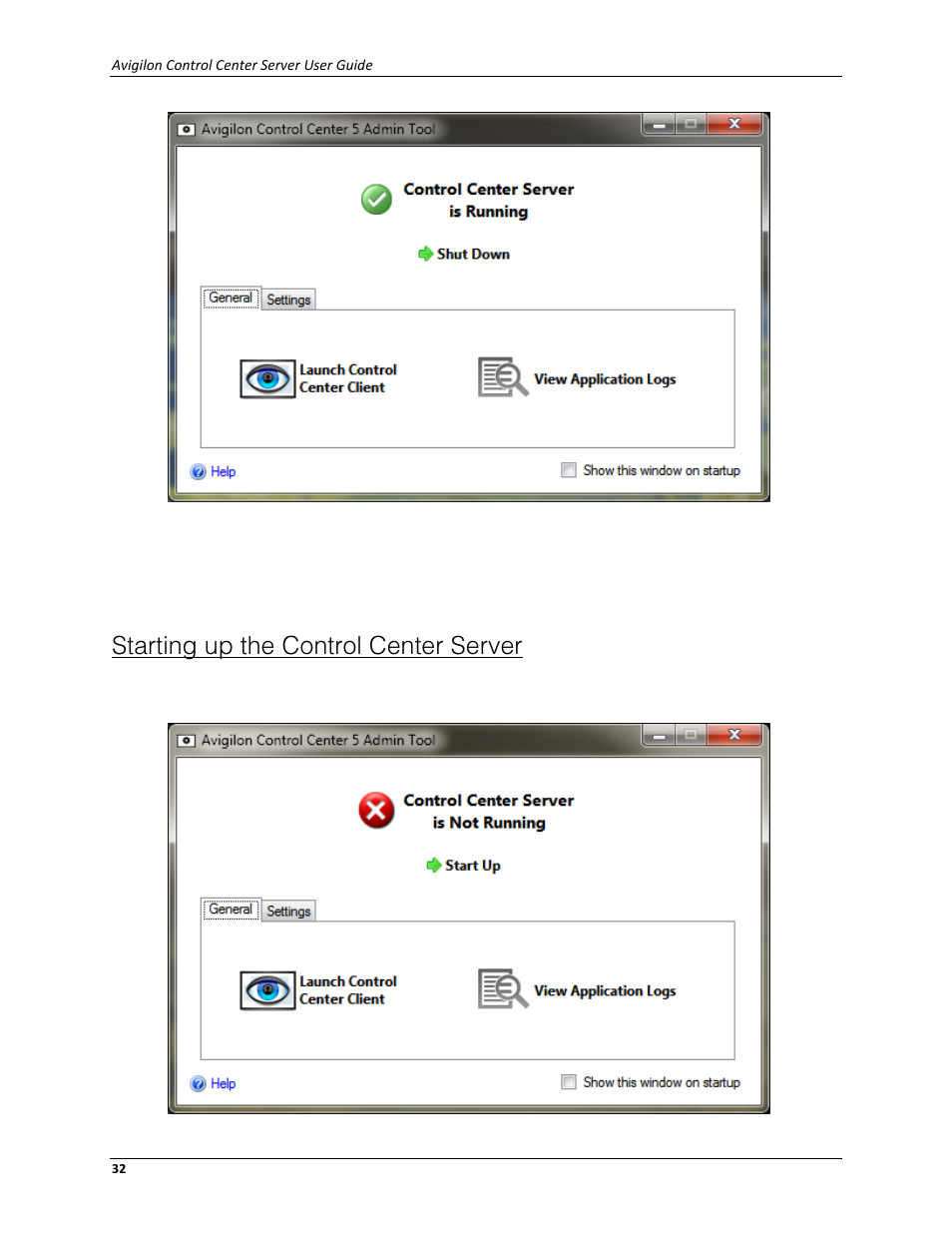 Starting up the control center server | Avigilon ACC Server Version 5.2 User Manual | Page 36 / 42