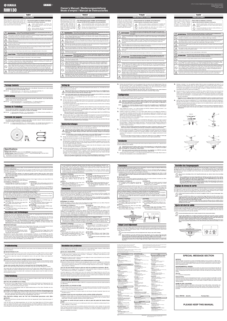 Rhh130, Connections, Anschlüsse und verbindungen | Connexions, Conexiones, Output level adjustment, Please keep this manual | Yamaha RHH130 User Manual | Page 2 / 4