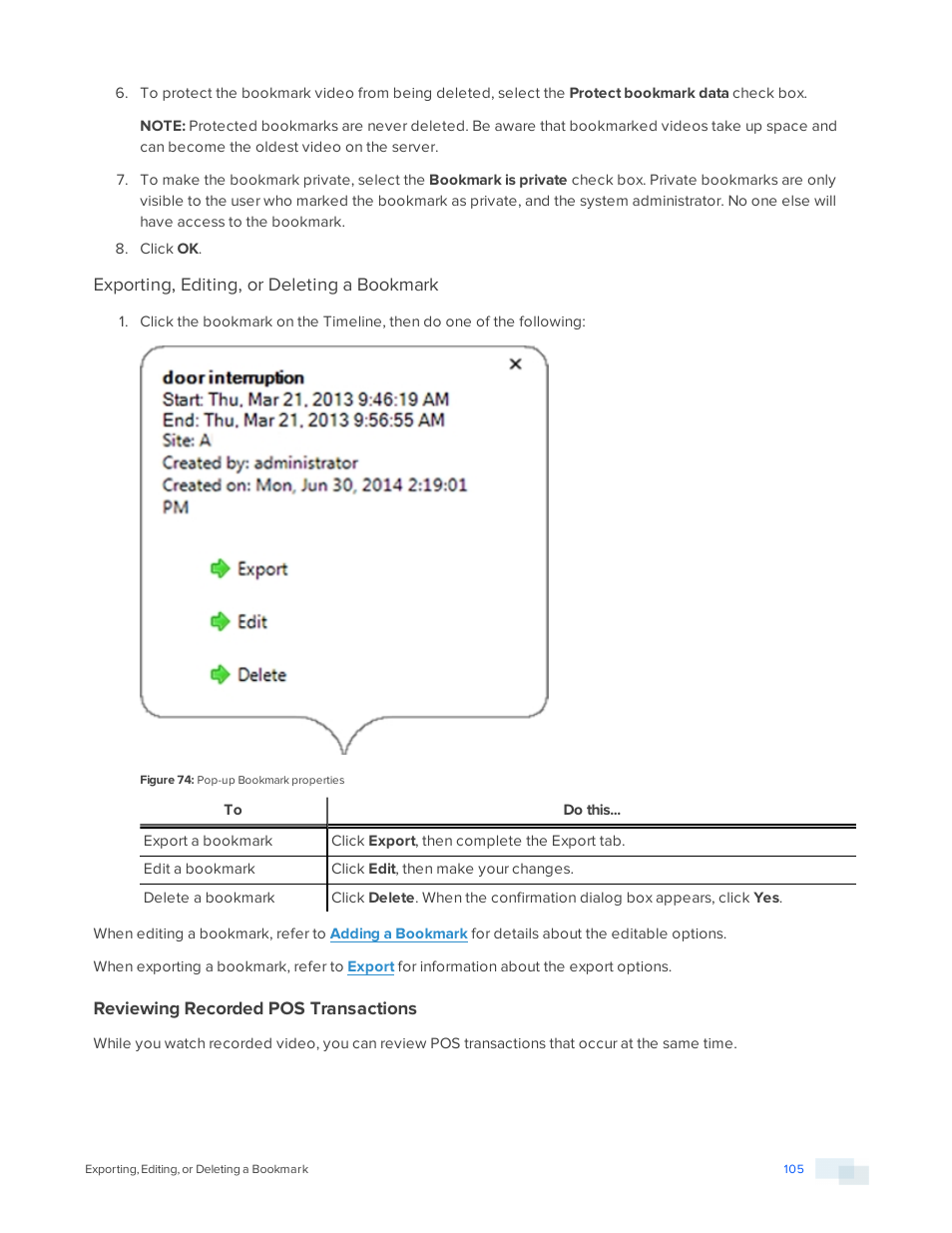 Exporting, editing, or deleting a bookmark, Reviewing recorded pos transactions | Avigilon ACC Standard Version 5.2.2 User Manual | Page 105 / 151