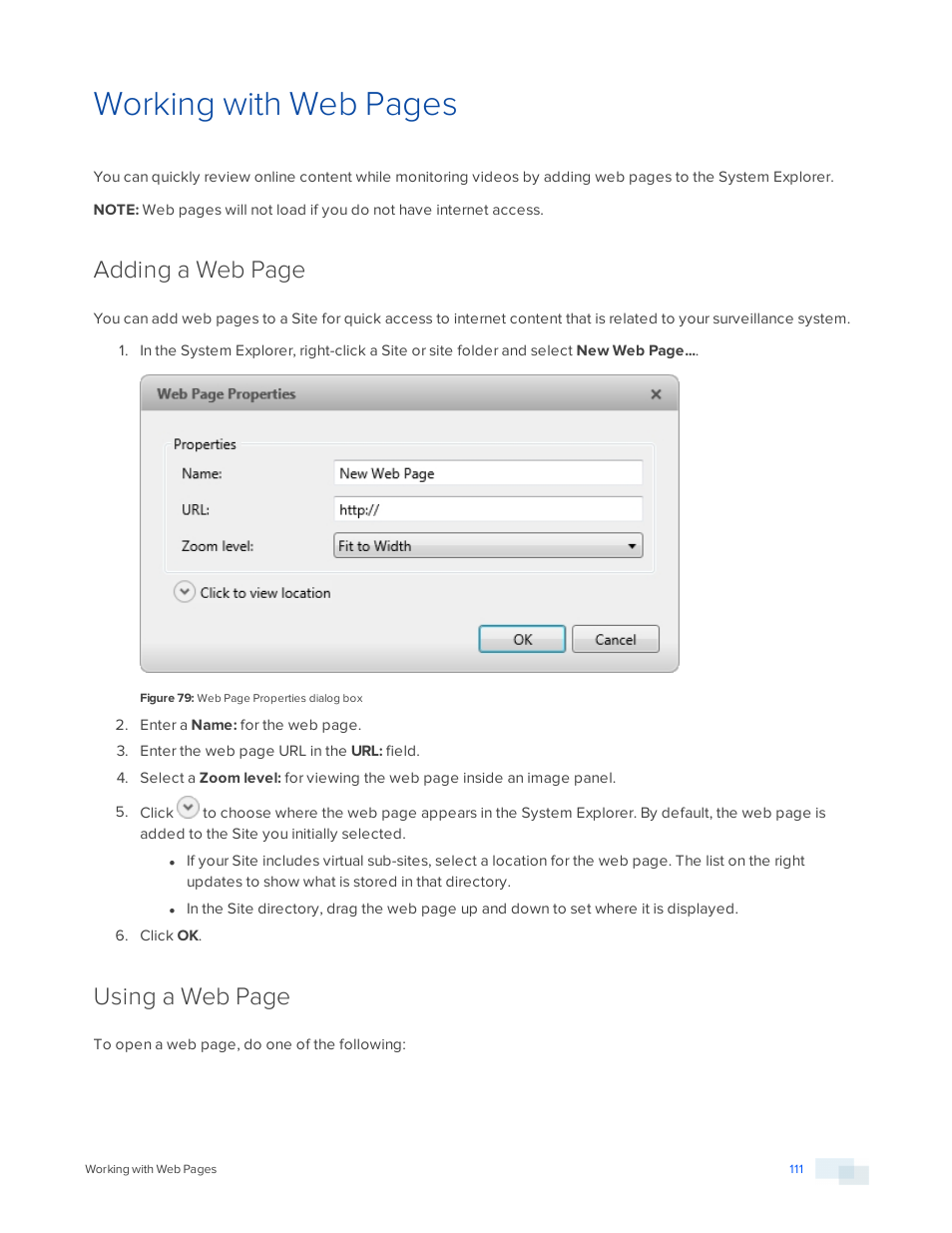 Working with web pages, Adding a web page, Using a web page | Avigilon ACC Standard Version 5.2.2 User Manual | Page 111 / 151