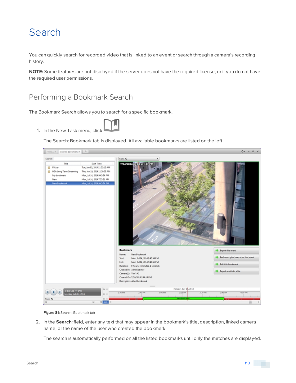 Search, Performing a bookmark search | Avigilon ACC Standard Version 5.2.2 User Manual | Page 113 / 151