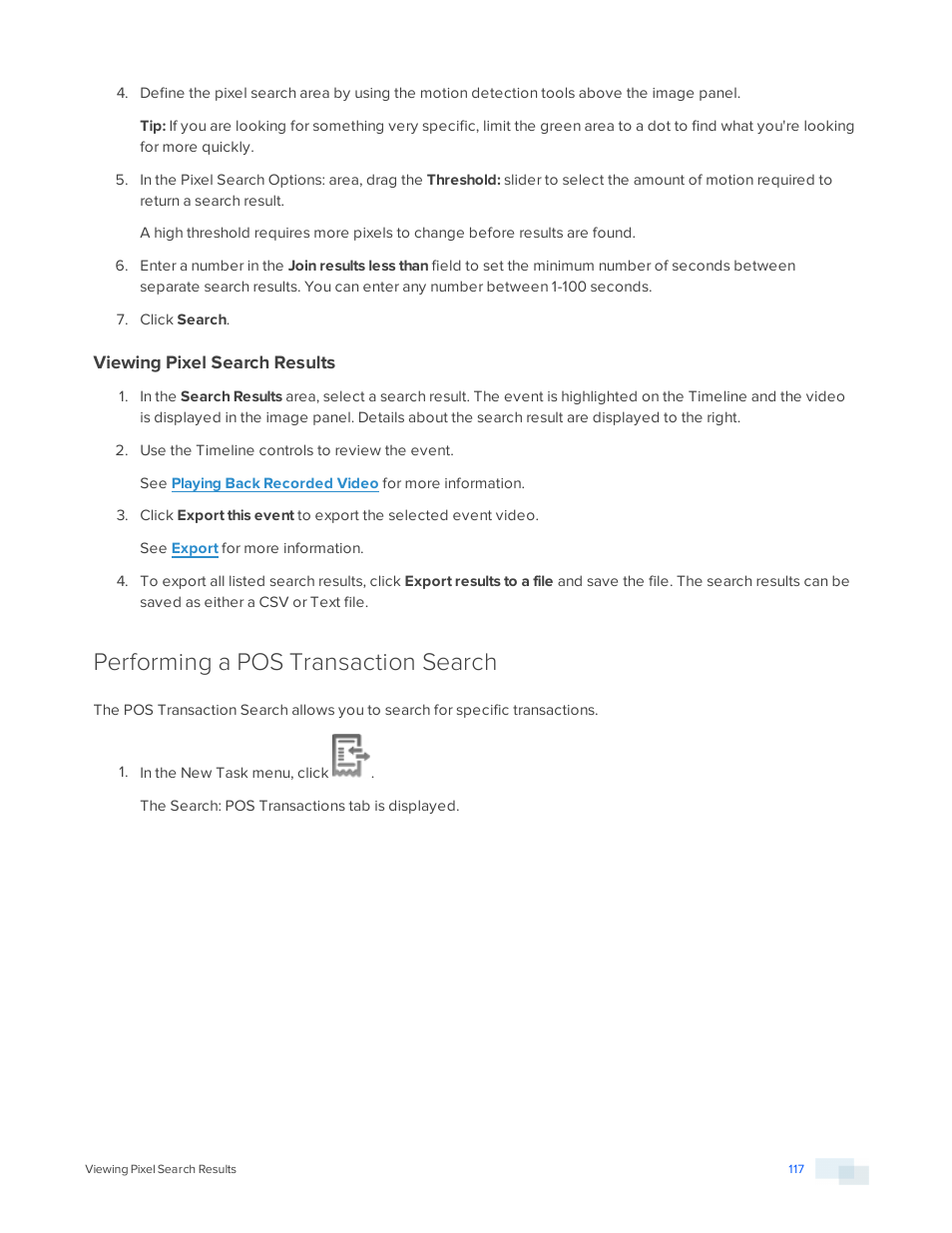 Viewing pixel search results, Performing a pos transaction search | Avigilon ACC Standard Version 5.2.2 User Manual | Page 117 / 151