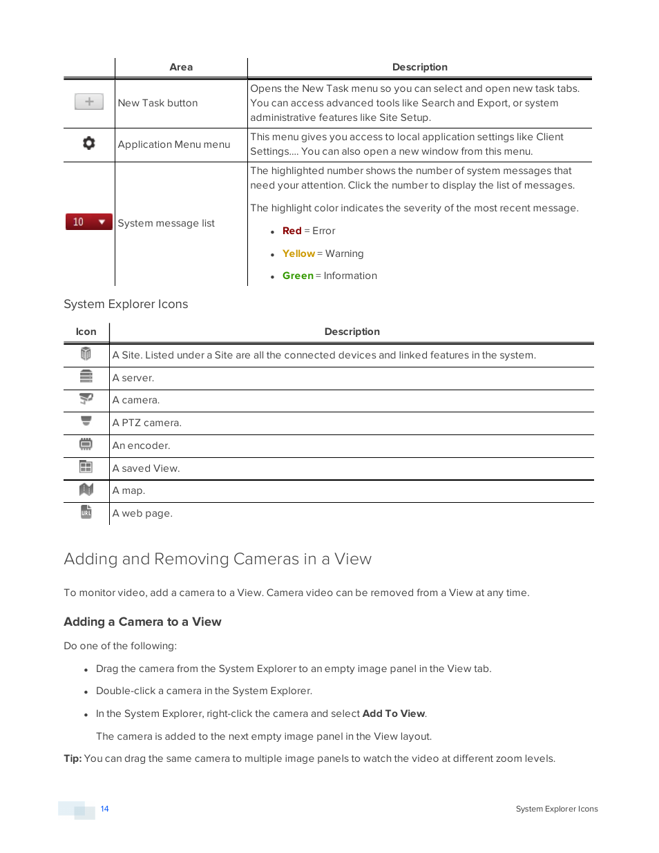 System explorer icons, Adding and removing cameras in a view, Adding a camera to a view | Avigilon ACC Standard Version 5.2.2 User Manual | Page 14 / 151