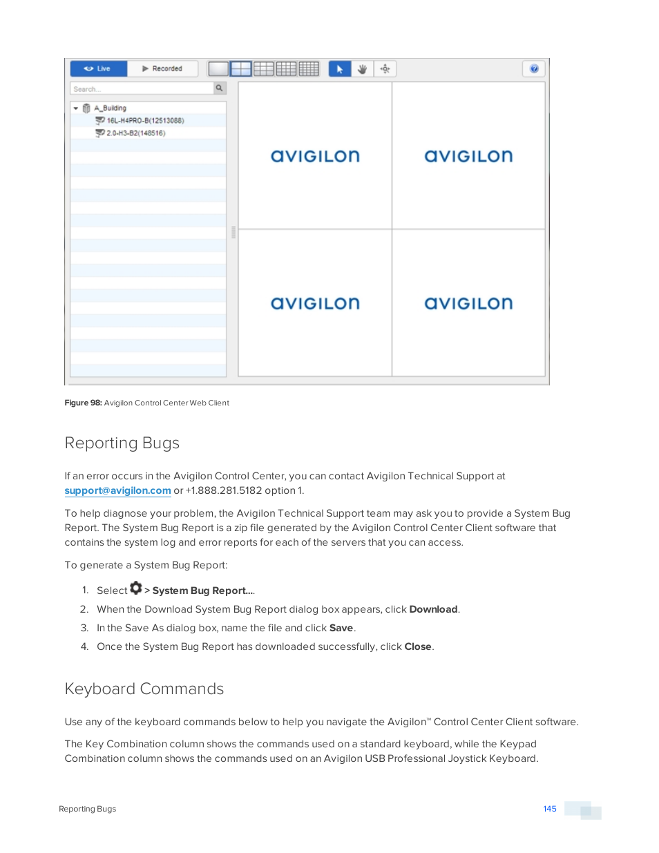 Reporting bugs, Keyboard commands | Avigilon ACC Standard Version 5.2.2 User Manual | Page 145 / 151