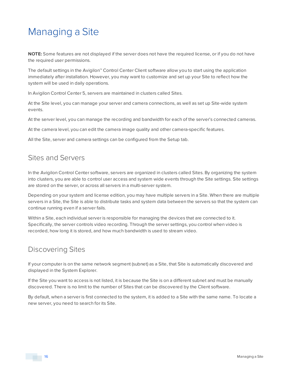 Managing a site, Sites and servers, Discovering sites | Avigilon ACC Standard Version 5.2.2 User Manual | Page 16 / 151