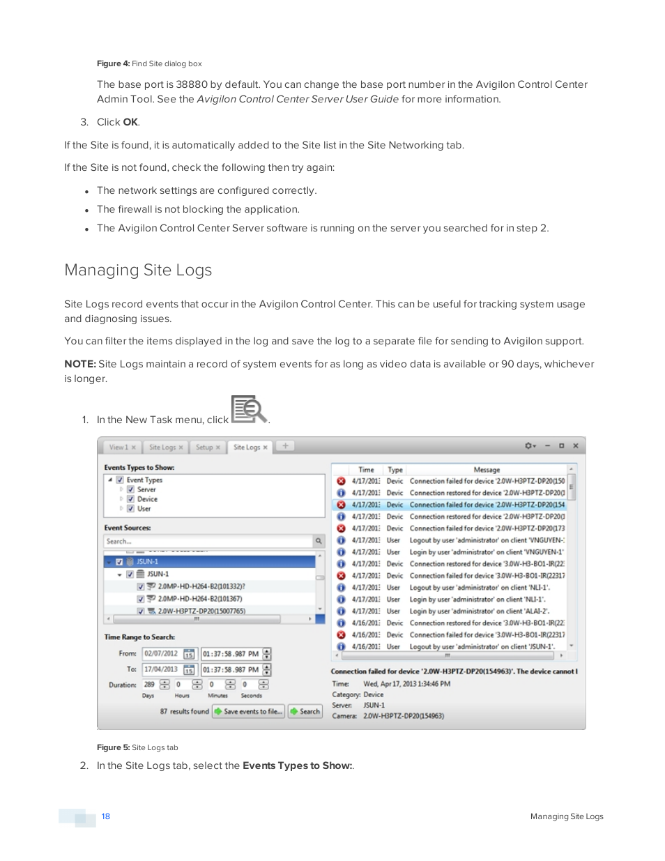 Managing site logs | Avigilon ACC Standard Version 5.2.2 User Manual | Page 18 / 151