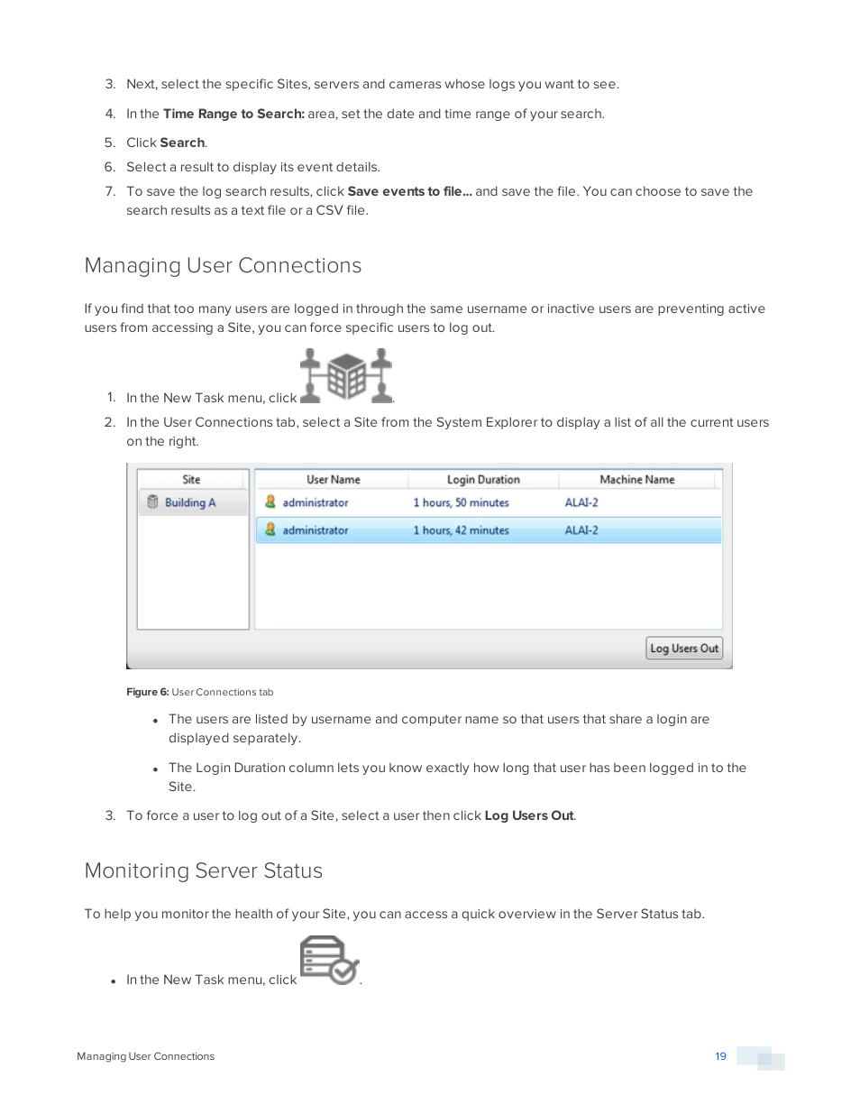 Managing user connections, Monitoring server status | Avigilon ACC Standard Version 5.2.2 User Manual | Page 19 / 151