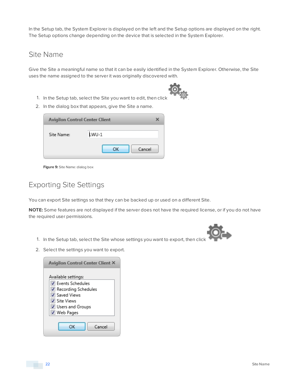 Site name, Exporting site settings | Avigilon ACC Standard Version 5.2.2 User Manual | Page 22 / 151