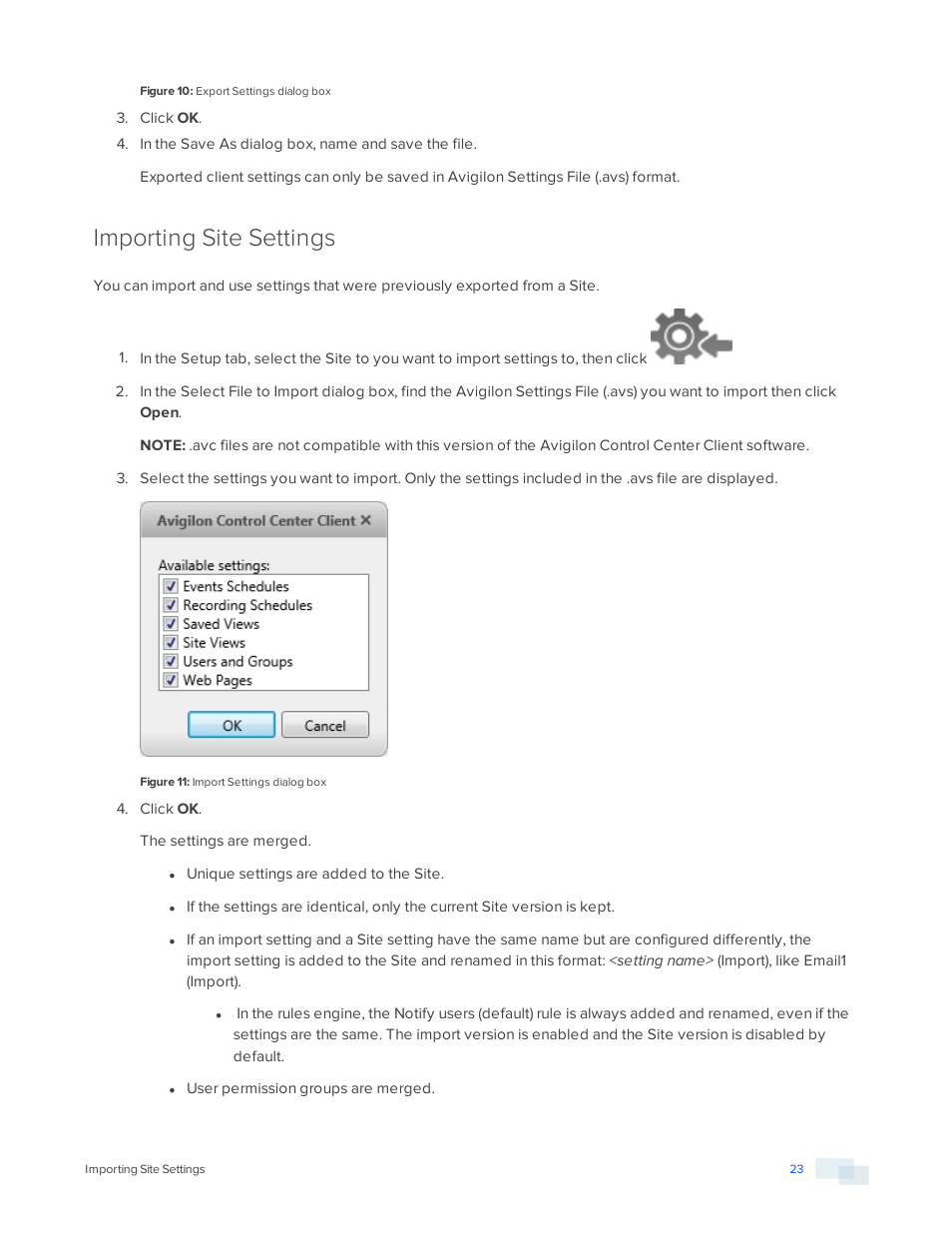 Importing site settings | Avigilon ACC Standard Version 5.2.2 User Manual | Page 23 / 151