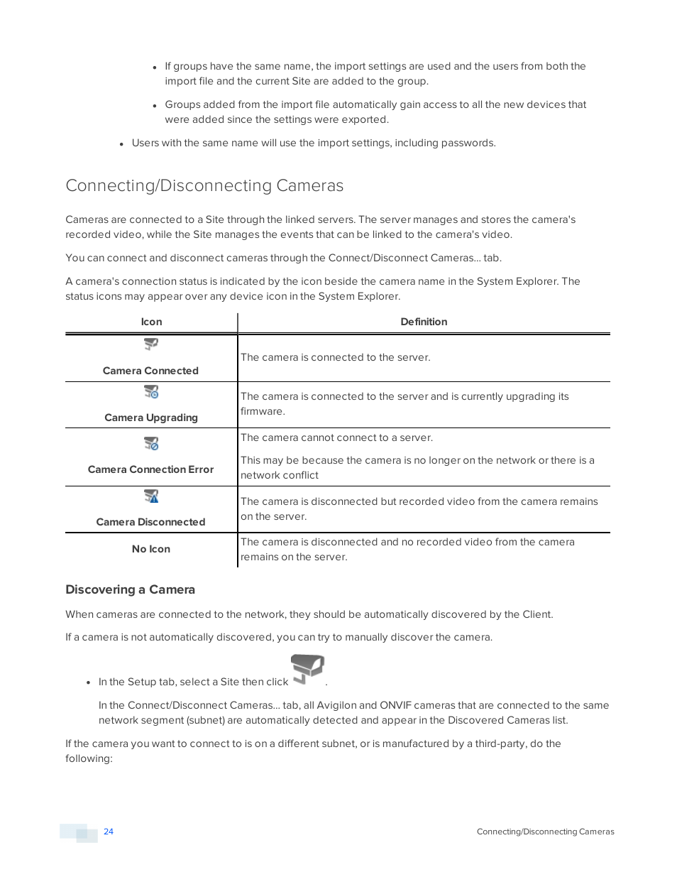 Connecting/disconnecting cameras, Discovering a camera | Avigilon ACC Standard Version 5.2.2 User Manual | Page 24 / 151
