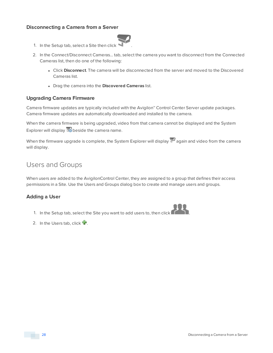 Disconnecting a camera from a server, Upgrading camera firmware, Users and groups | Adding a user | Avigilon ACC Standard Version 5.2.2 User Manual | Page 28 / 151