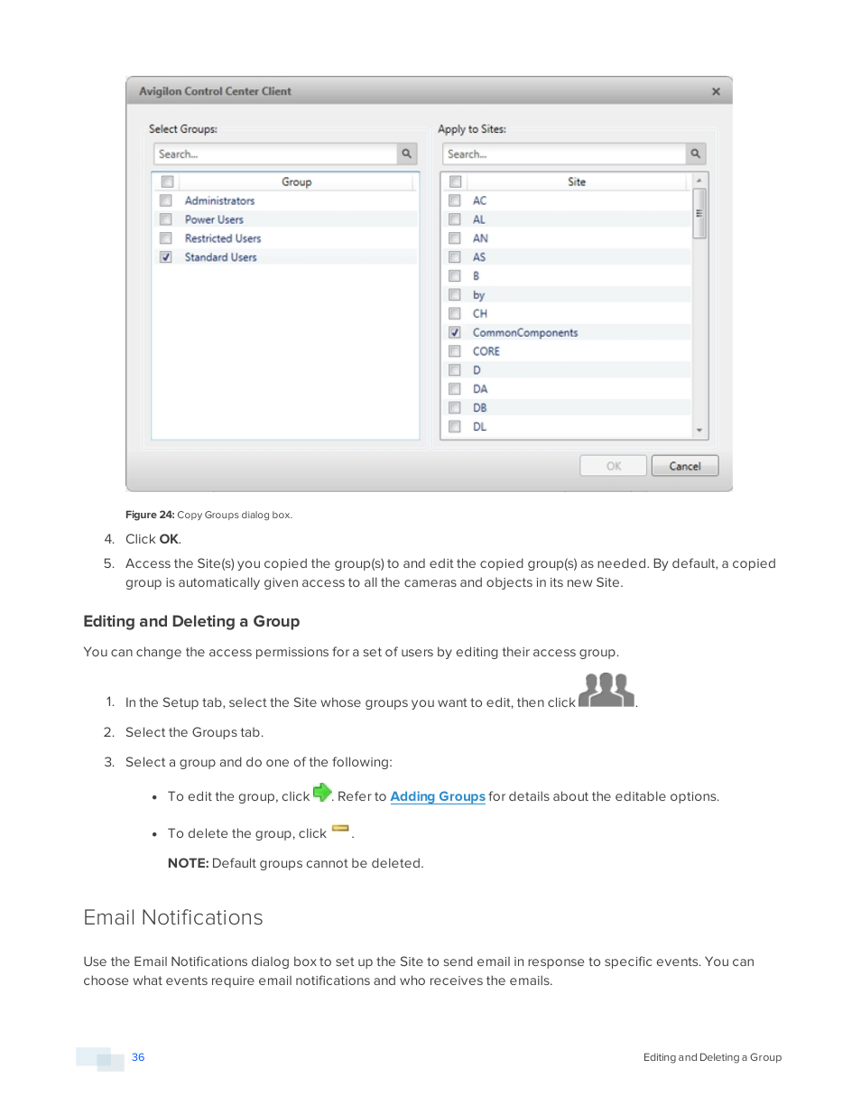 Editing and deleting a group, Email notifications | Avigilon ACC Standard Version 5.2.2 User Manual | Page 36 / 151
