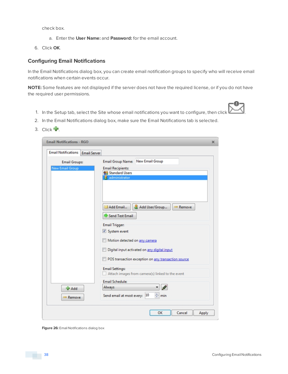 Configuring email notifications | Avigilon ACC Standard Version 5.2.2 User Manual | Page 38 / 151