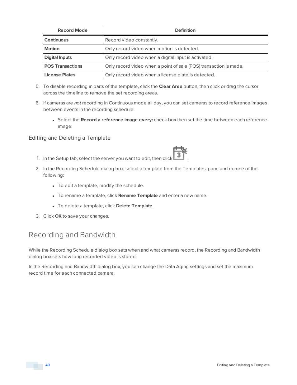 Editing and deleting a template, Recording and bandwidth | Avigilon ACC Standard Version 5.2.2 User Manual | Page 48 / 151