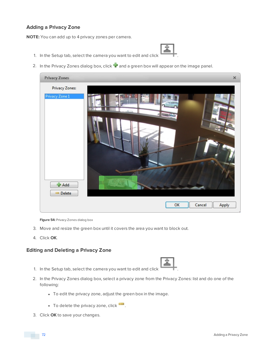 Adding a privacy zone, Editing and deleting a privacy zone | Avigilon ACC Standard Version 5.2.2 User Manual | Page 72 / 151