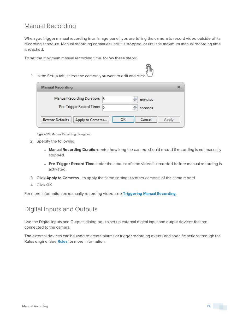 Manual recording, Digital inputs and outputs | Avigilon ACC Standard Version 5.2.2 User Manual | Page 73 / 151