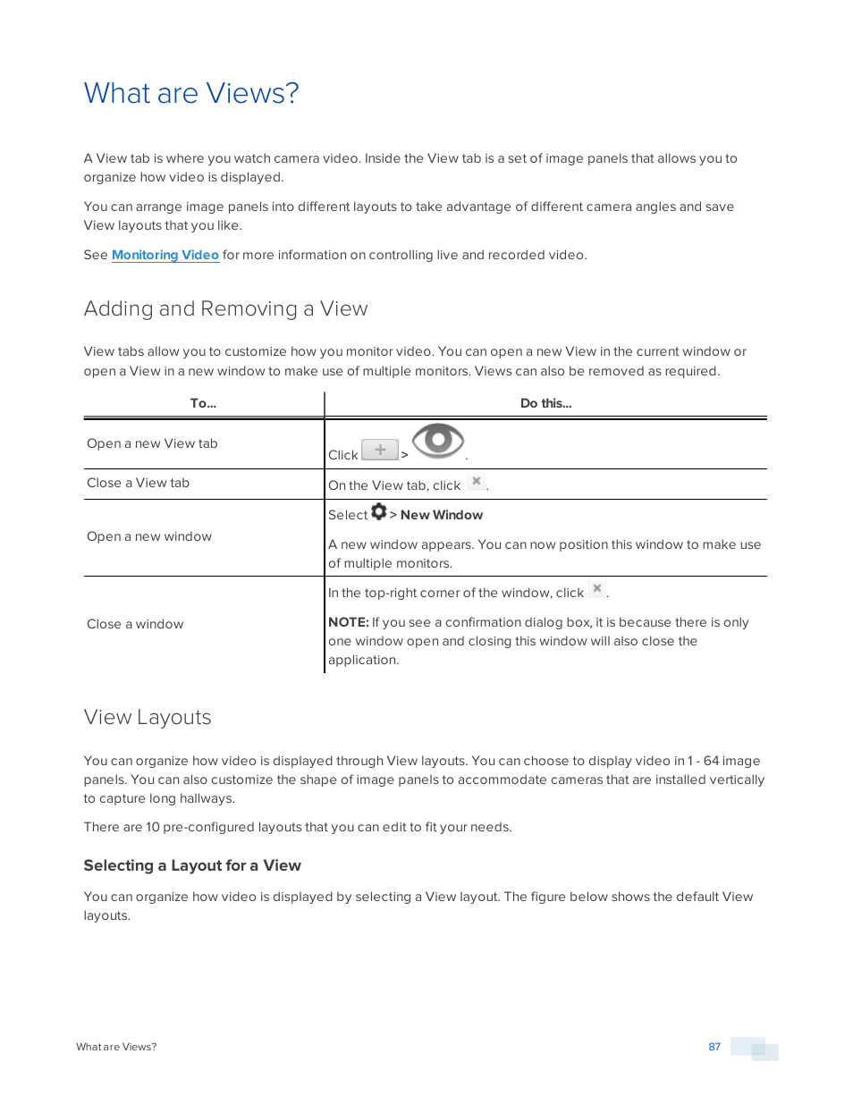 What are views, Adding and removing a view, View layouts | Selecting a layout for a view | Avigilon ACC Standard Version 5.2.2 User Manual | Page 87 / 151