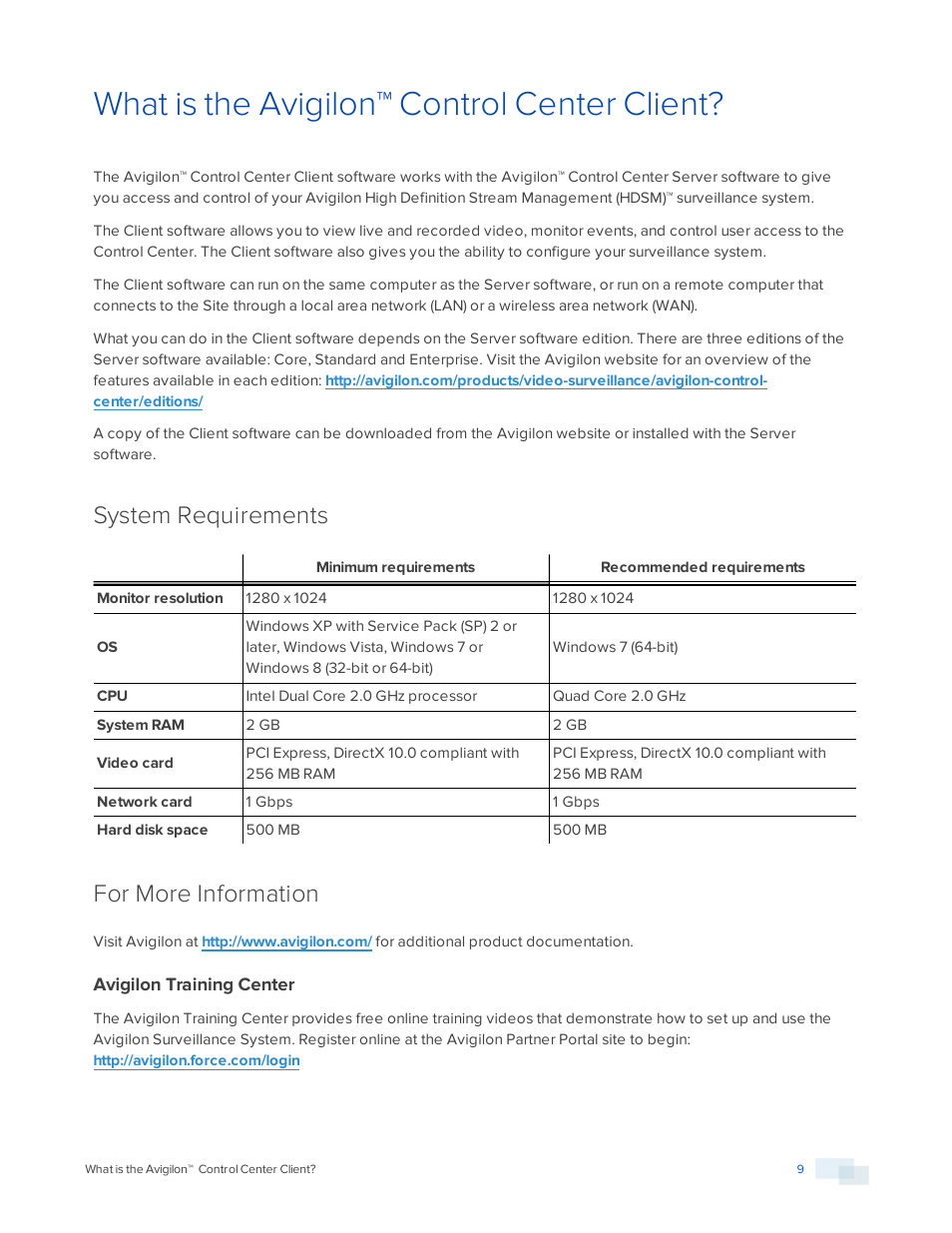 What is the avigilon™ control center client, System requirements, For more information | Avigilon training center | Avigilon ACC Standard Version 5.2.2 User Manual | Page 9 / 151