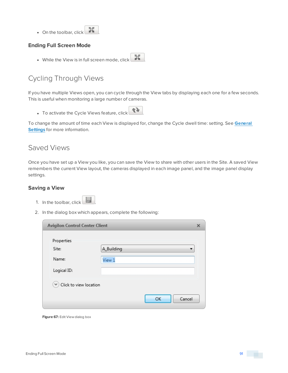 Ending full screen mode, Cycling through views, Saved views | Saving a view | Avigilon ACC Standard Version 5.2.2 User Manual | Page 91 / 151