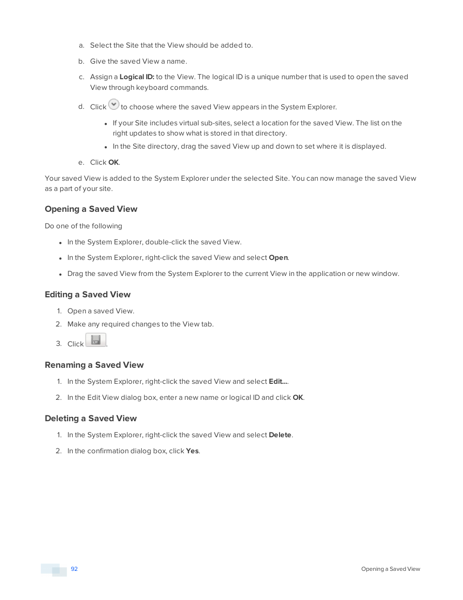 Opening a saved view, Editing a saved view, Renaming a saved view | Deleting a saved view | Avigilon ACC Standard Version 5.2.2 User Manual | Page 92 / 151