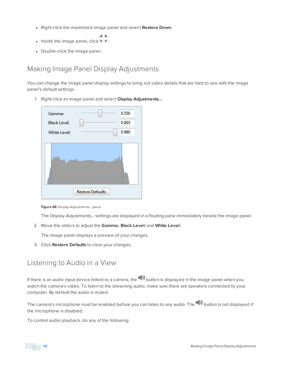 Making image panel display adjustments, Listening to audio in a view | Avigilon ACC Standard Version 5.2.2 User Manual | Page 94 / 151