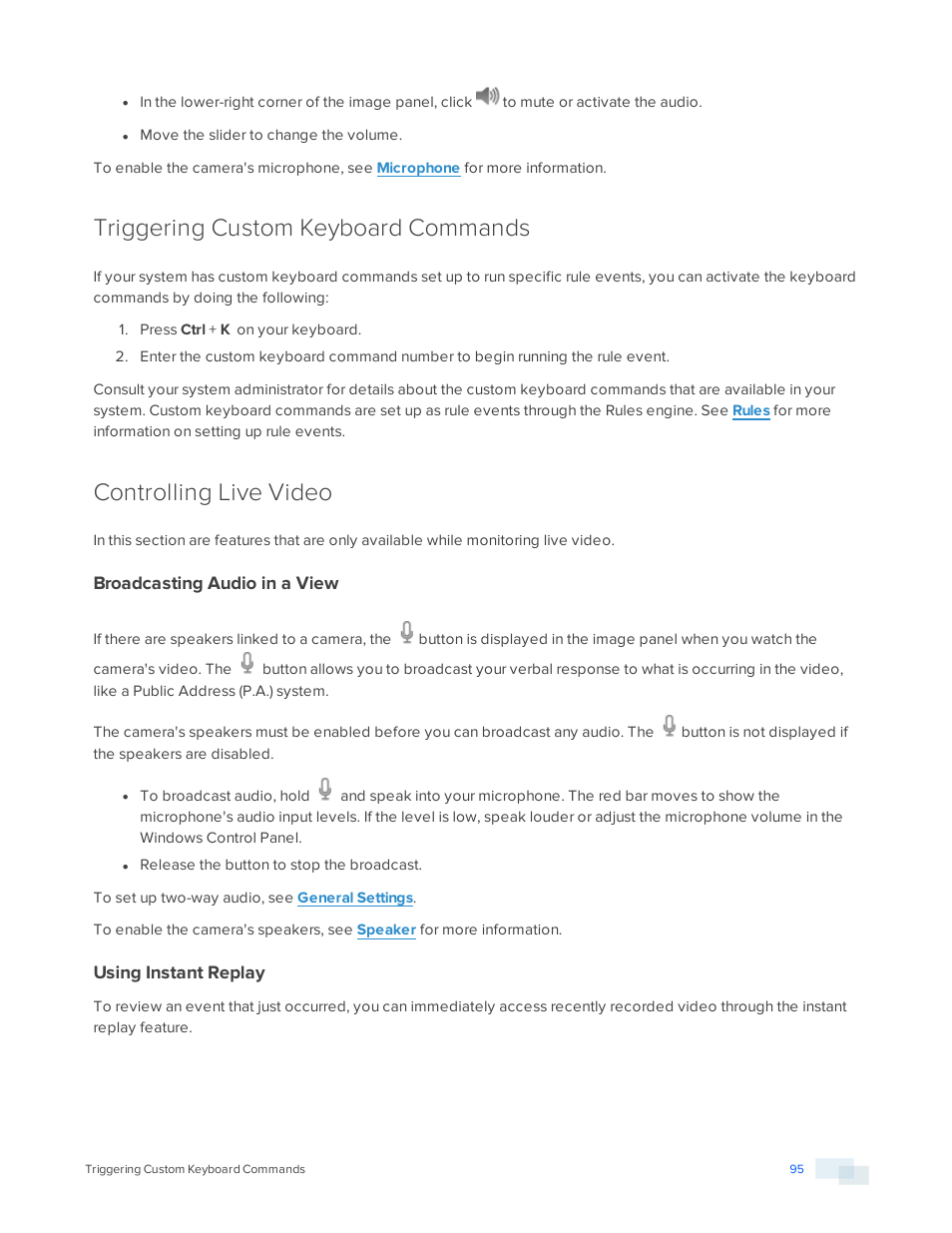 Triggering custom keyboard commands, Controlling live video, Broadcasting audio in a view | Using instant replay | Avigilon ACC Standard Version 5.2.2 User Manual | Page 95 / 151