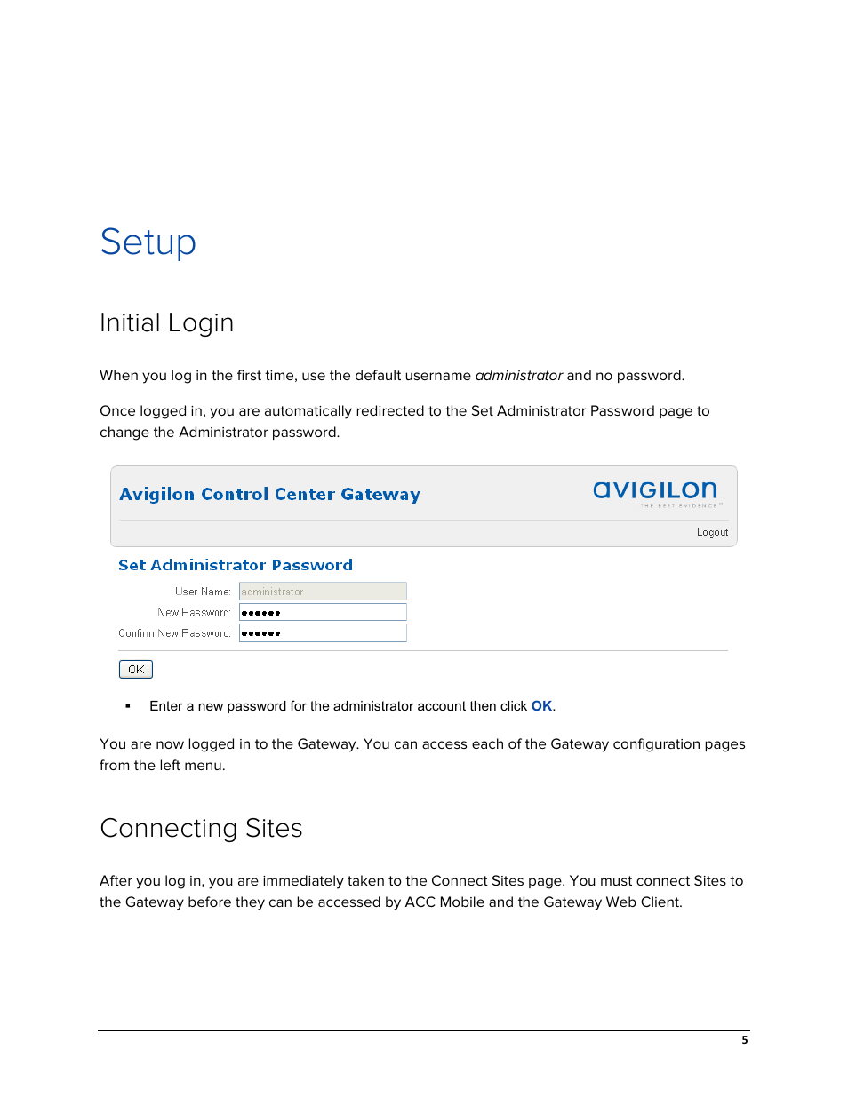 Setup, Initial login, Connecting sites | Avigilon ACC Gateway Version 5.2 User Manual | Page 11 / 24