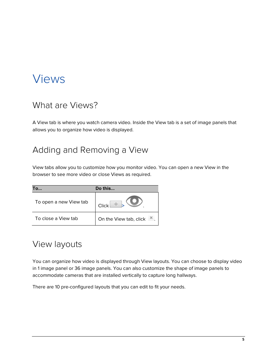 Views, What are views, Adding and removing a view | View layouts | Avigilon ACC Core Web Version 5.2 User Manual | Page 13 / 57