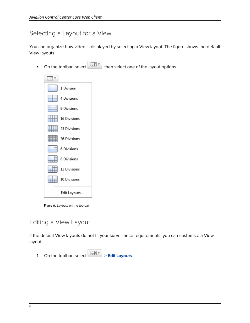 Selecting a layout for a view, Editing a view layout | Avigilon ACC Core Web Version 5.2 User Manual | Page 14 / 57