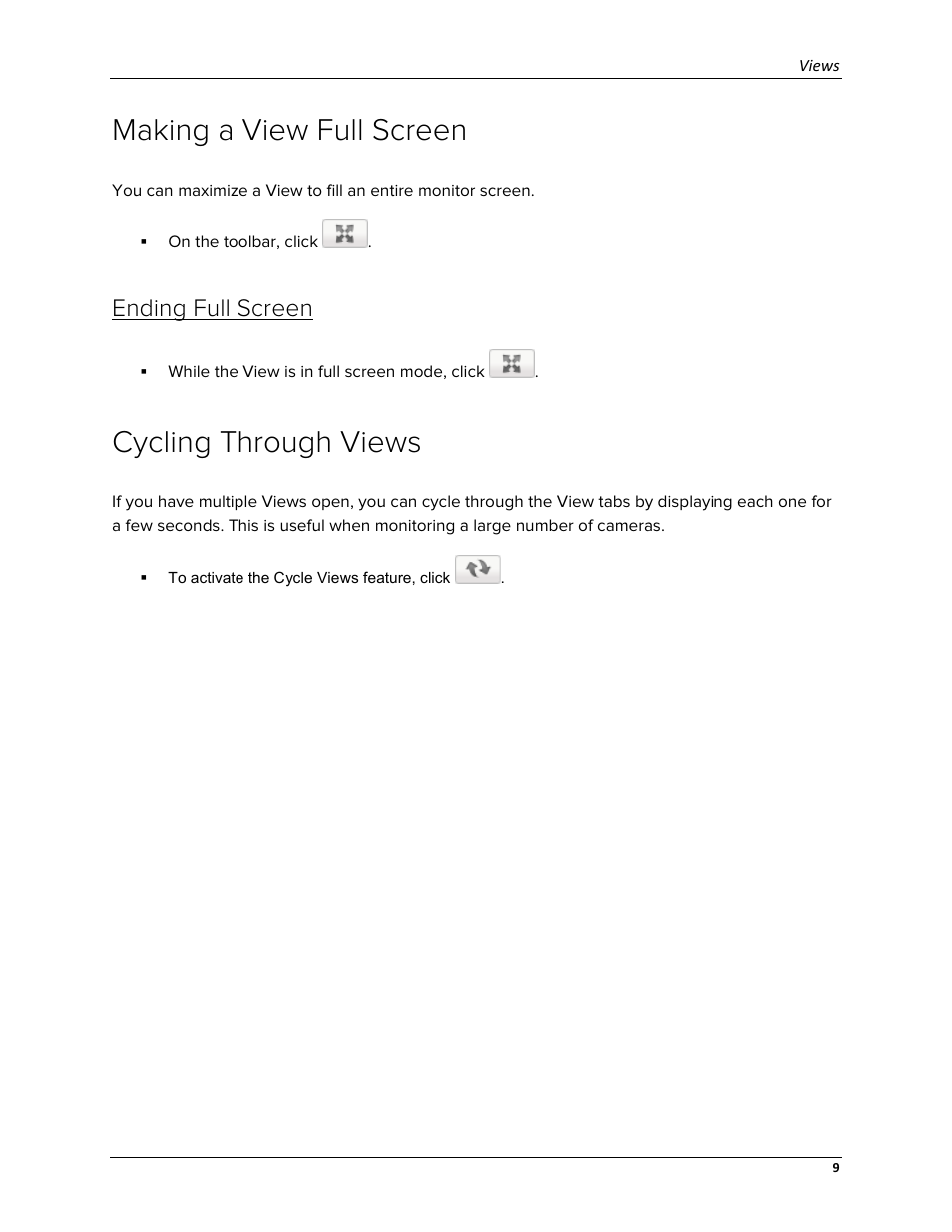 Making a view full screen, Ending full screen, Cycling through views | Avigilon ACC Core Web Version 5.2 User Manual | Page 17 / 57