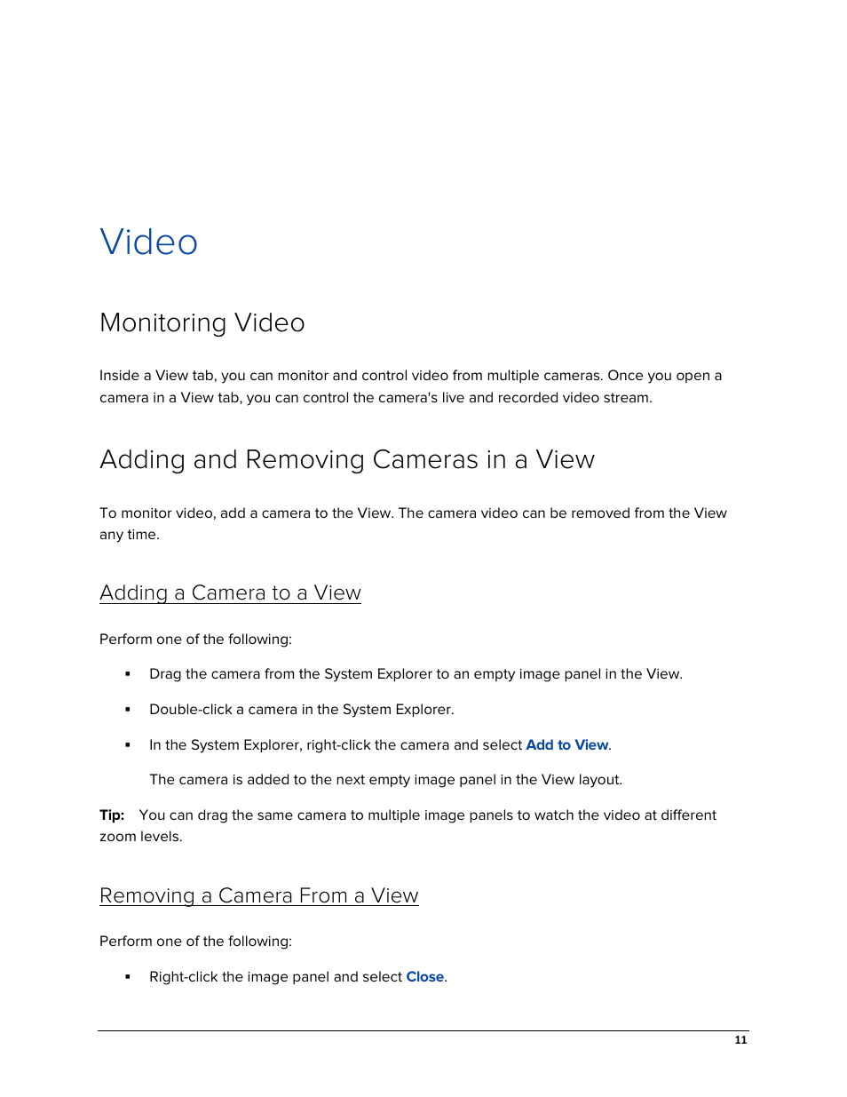 Video, Monitoring video, Adding and removing cameras in a view | Adding a camera to a view, Removing a camera from a view | Avigilon ACC Core Web Version 5.2 User Manual | Page 19 / 57