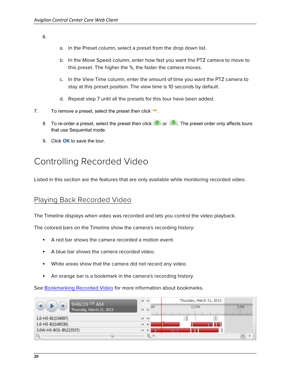 Controlling recorded video, Playing back recorded video | Avigilon ACC Core Web Version 5.2 User Manual | Page 28 / 57