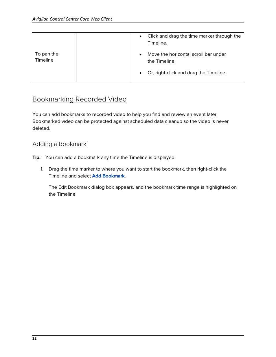 Bookmarking recorded video, Adding a bookmark | Avigilon ACC Core Web Version 5.2 User Manual | Page 30 / 57