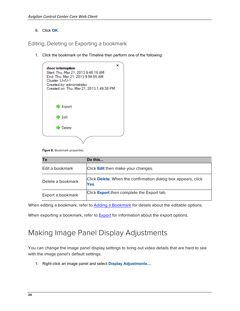 Editing, deleting or exporting a bookmark, Making image panel display adjustments | Avigilon ACC Core Web Version 5.2 User Manual | Page 32 / 57