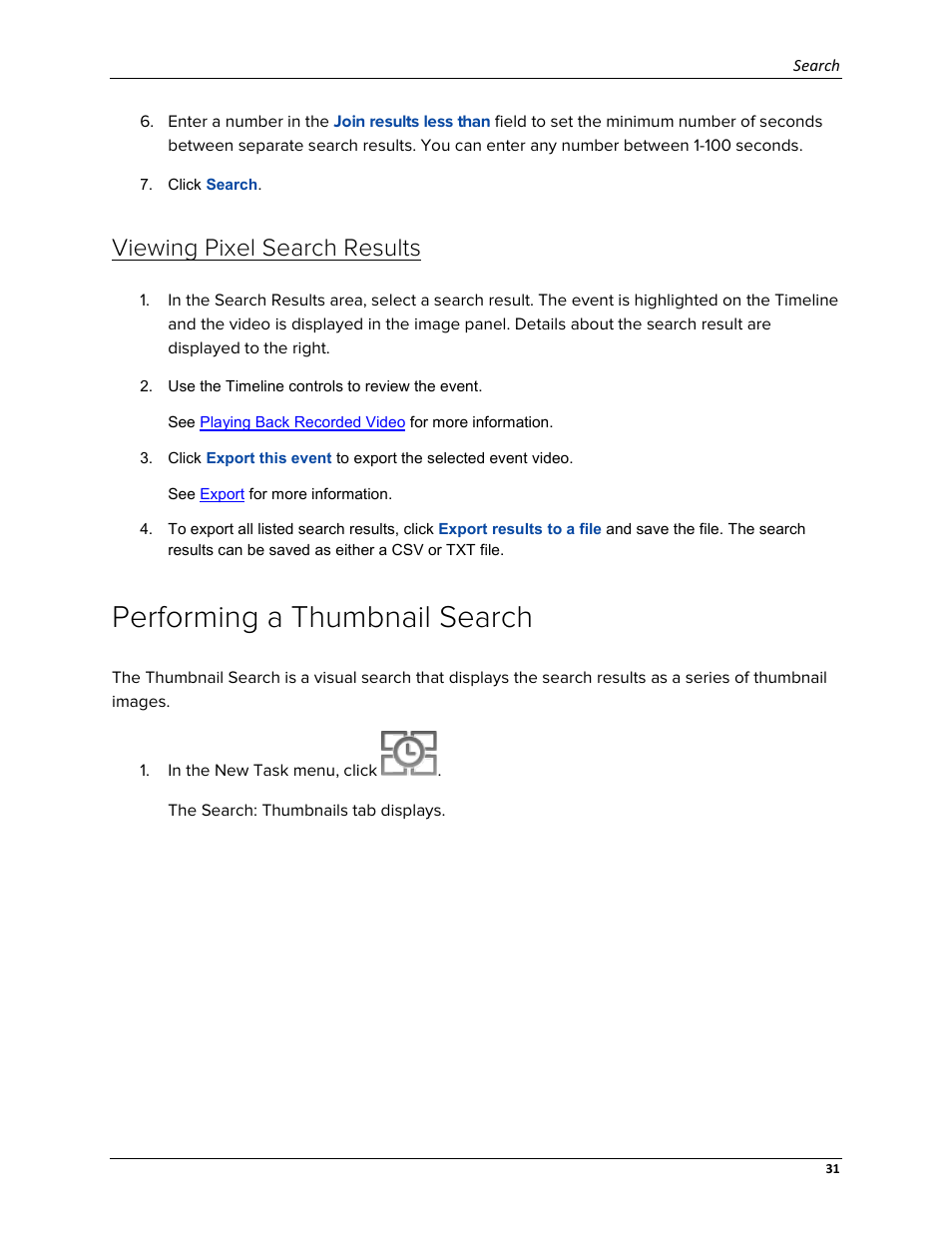 Viewing pixel search results, Performing a thumbnail search | Avigilon ACC Core Web Version 5.2 User Manual | Page 39 / 57