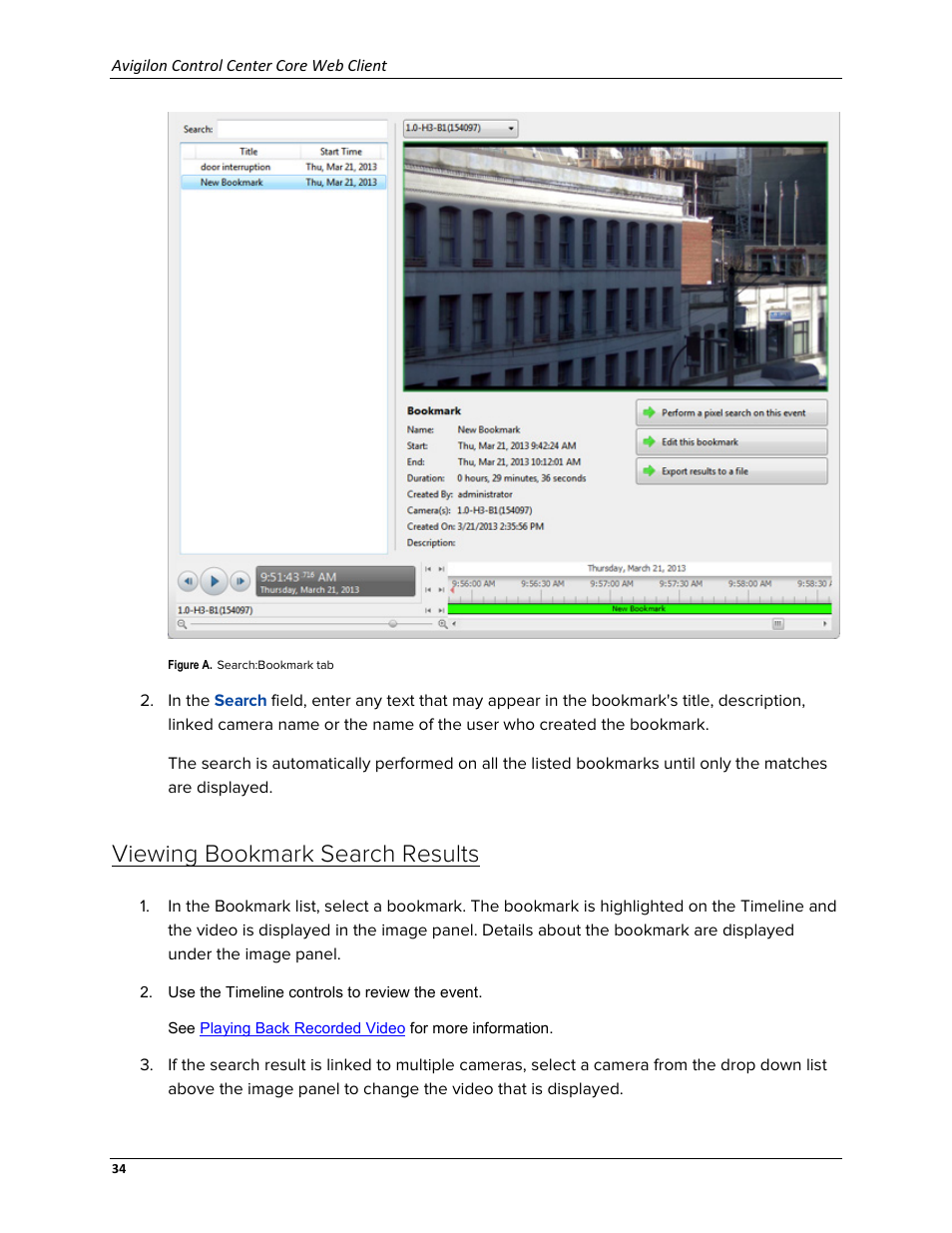 Viewing bookmark search results | Avigilon ACC Core Web Version 5.2 User Manual | Page 42 / 57