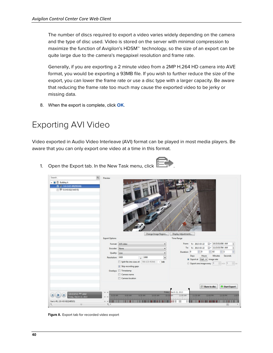 Exporting avi video | Avigilon ACC Core Web Version 5.2 User Manual | Page 48 / 57