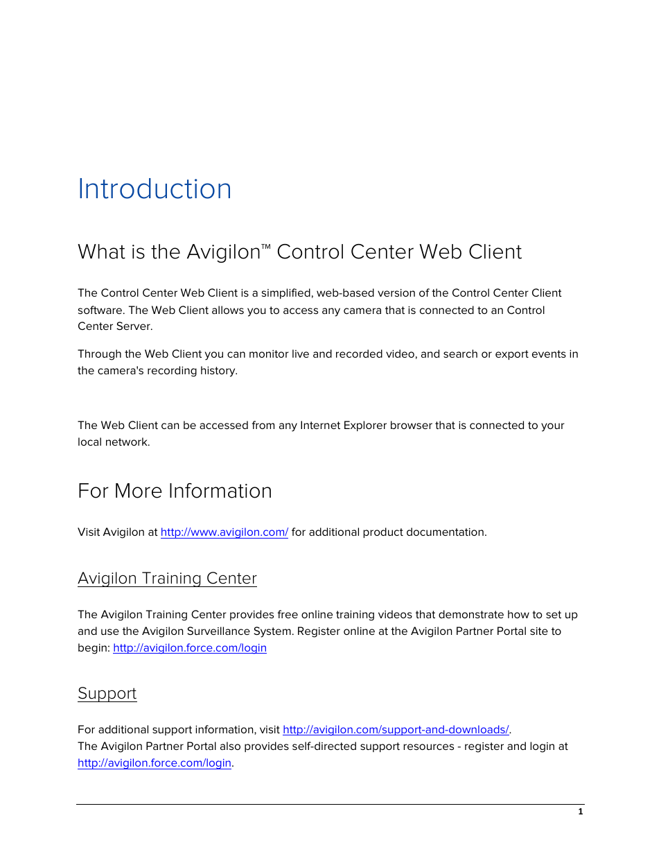 Introduction, What is the avigilon™ control center web client, For more information | Avigilon training center, Support | Avigilon ACC Core Web Version 5.2 User Manual | Page 9 / 57