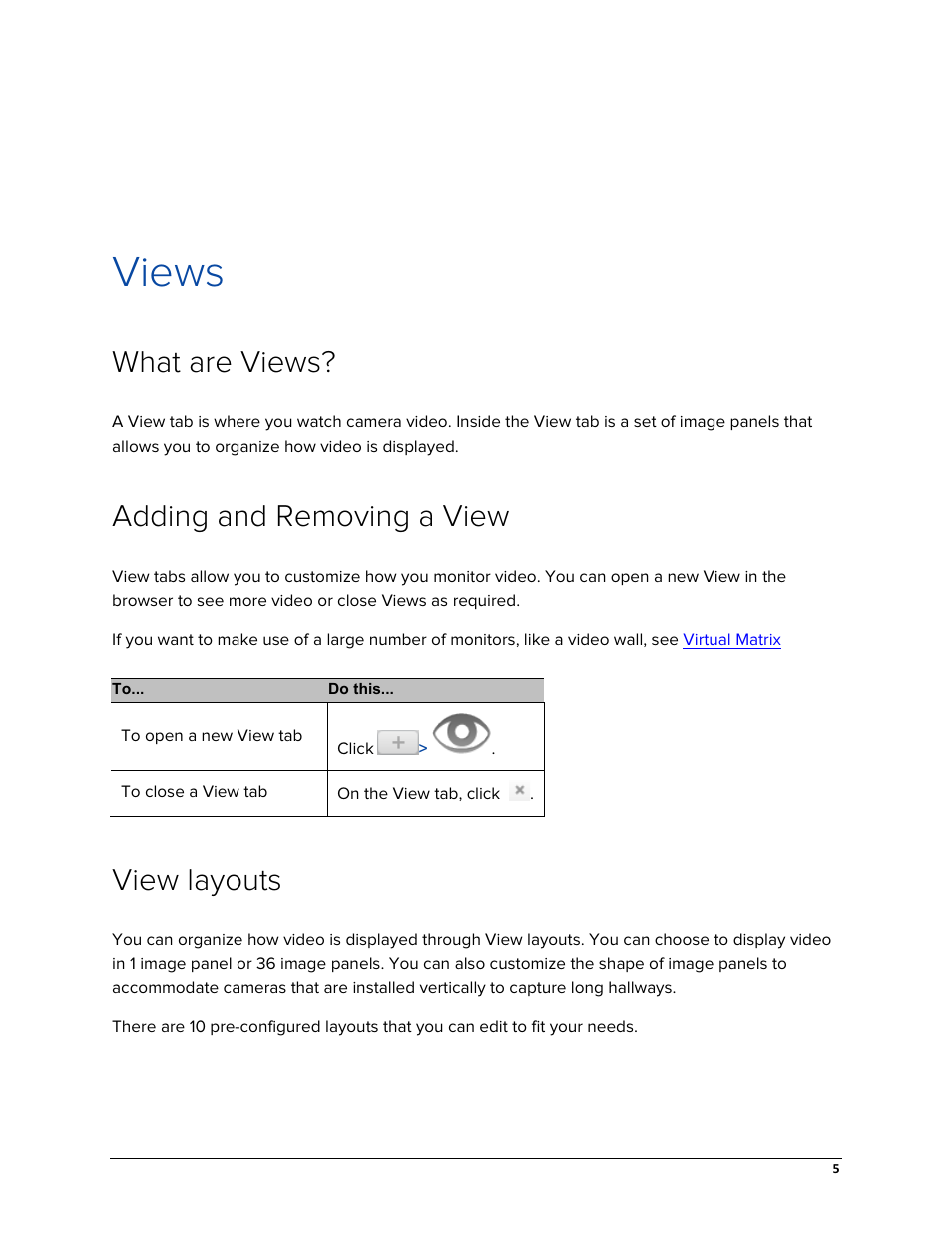 Views, What are views, Adding and removing a view | View layouts | Avigilon ACC Enterprise Web Version 5.2 User Manual | Page 15 / 90