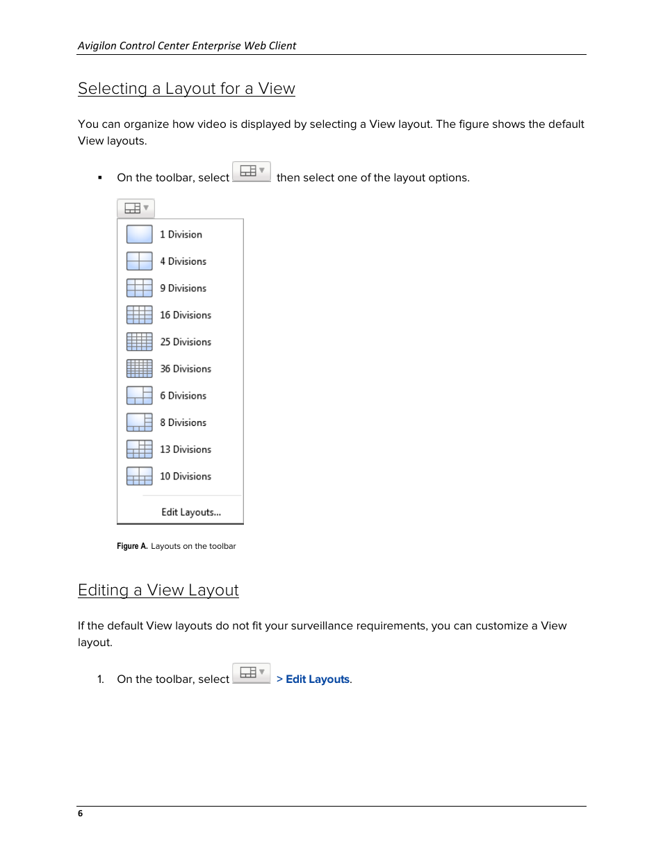 Selecting a layout for a view, Editing a view layout | Avigilon ACC Enterprise Web Version 5.2 User Manual | Page 16 / 90