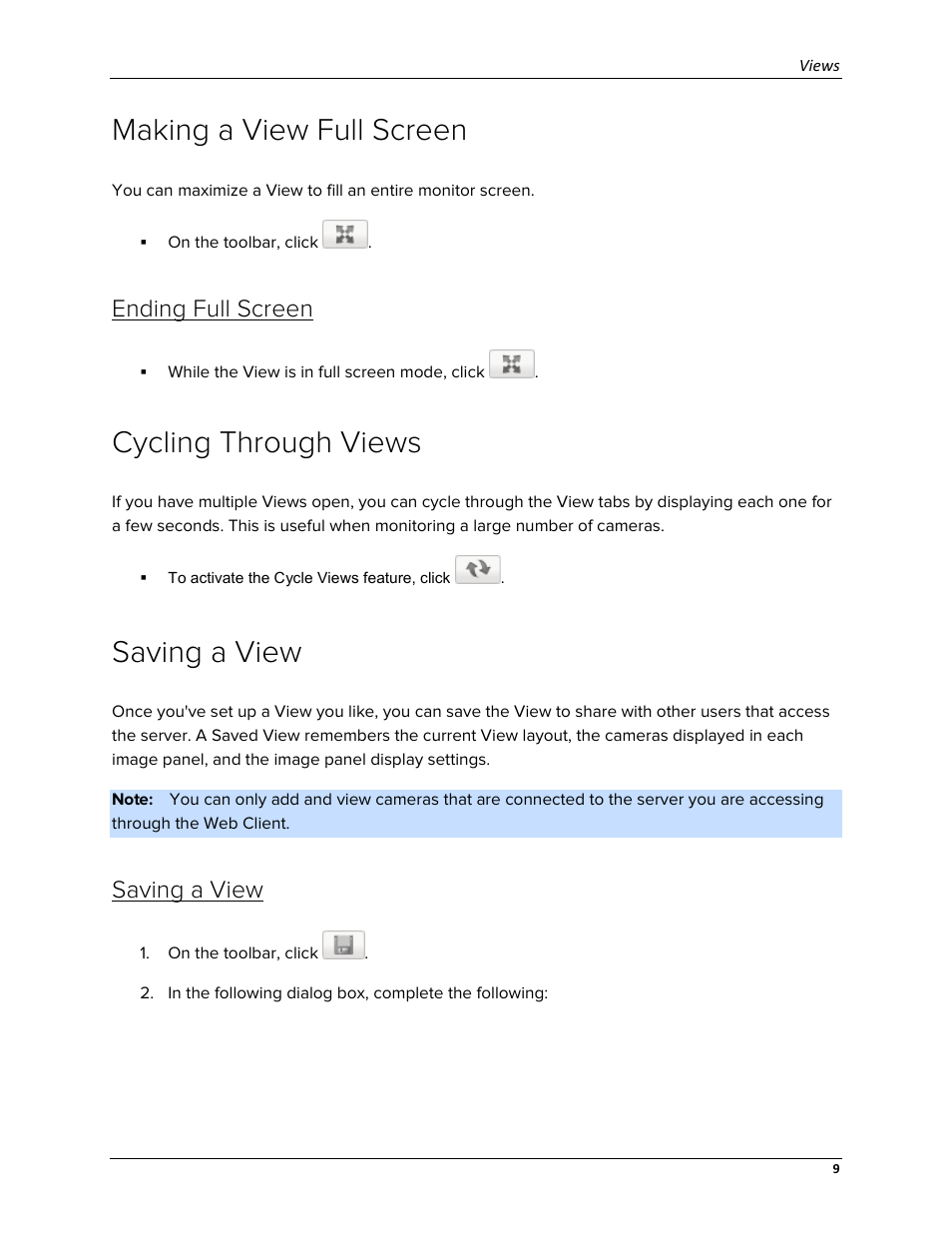 Making a view full screen, Ending full screen, Cycling through views | Saving a view | Avigilon ACC Enterprise Web Version 5.2 User Manual | Page 19 / 90