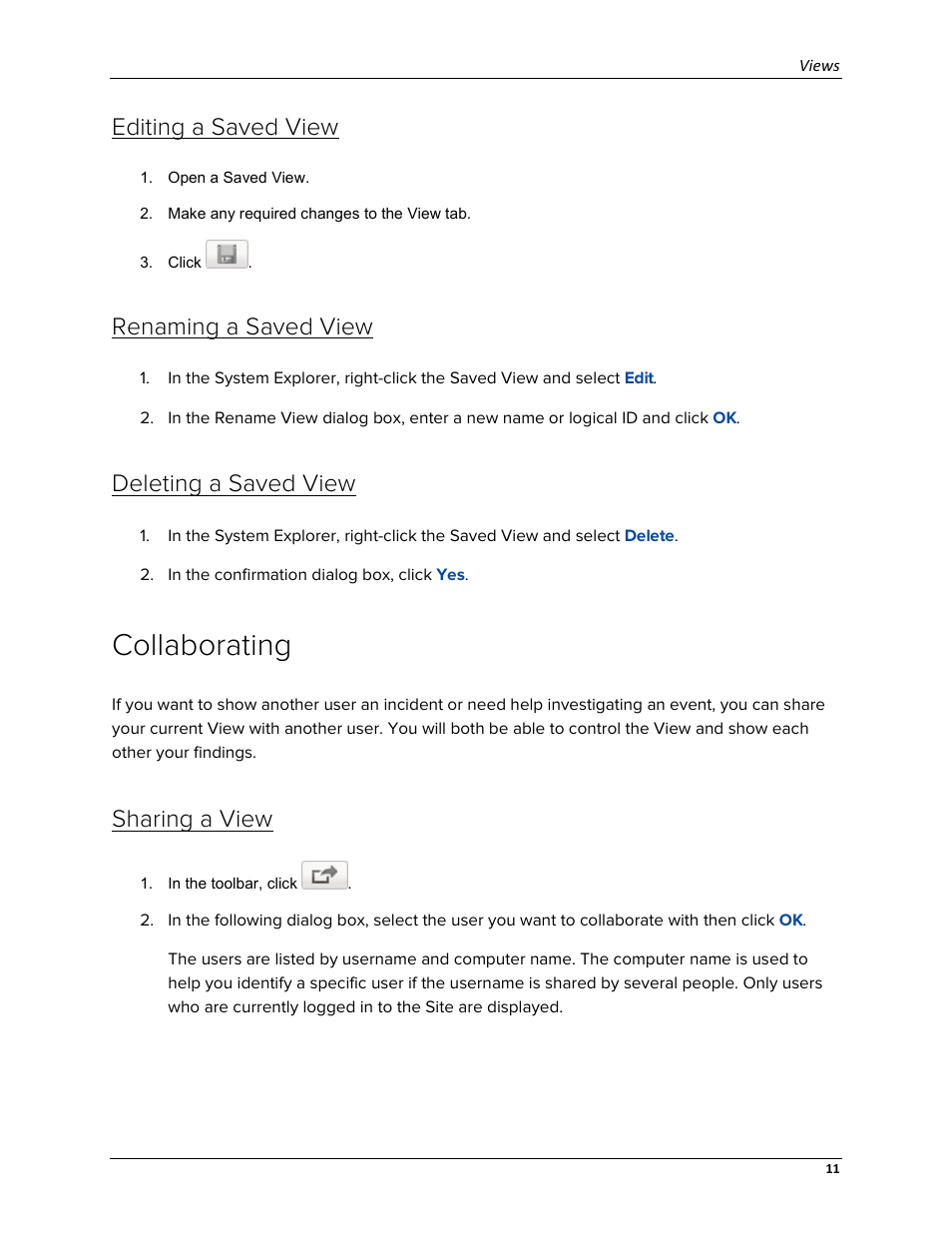 Editing a saved view, Renaming a saved view, Deleting a saved view | Collaborating, Sharing a view | Avigilon ACC Enterprise Web Version 5.2 User Manual | Page 21 / 90