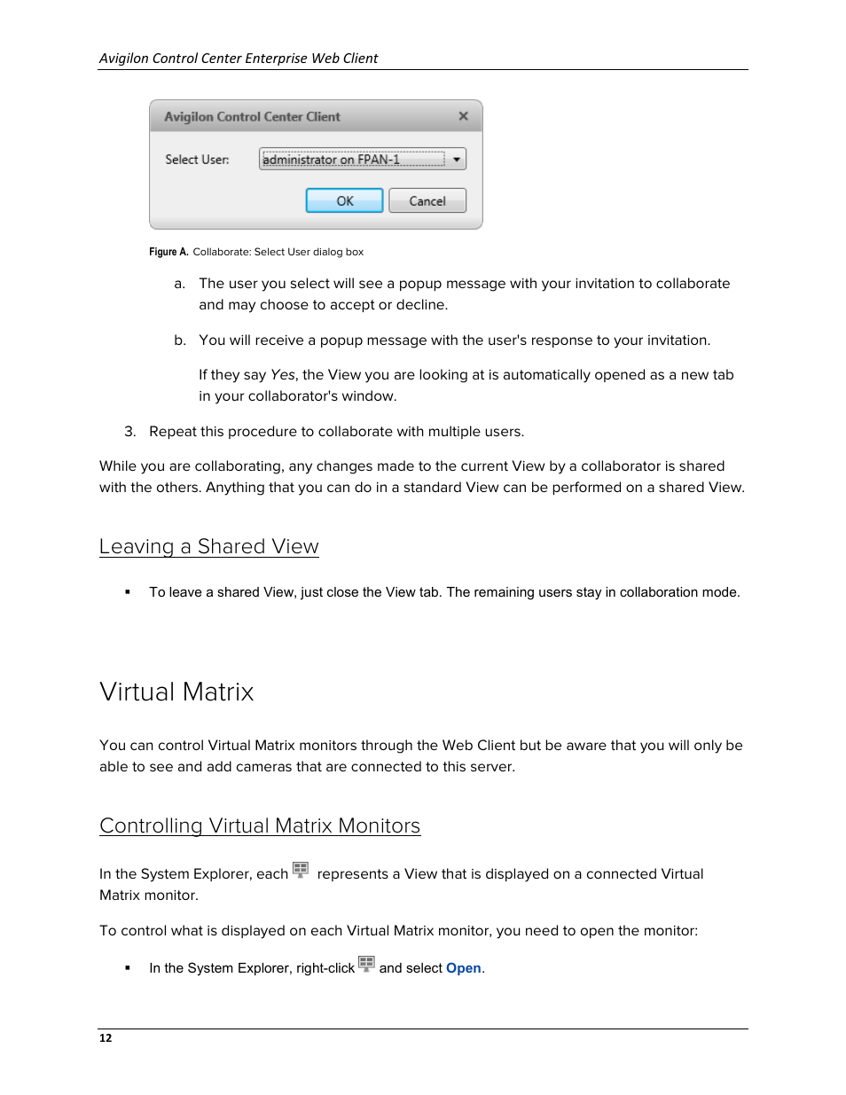 Leaving a shared view, Virtual matrix, Controlling virtual matrix monitors | Avigilon ACC Enterprise Web Version 5.2 User Manual | Page 22 / 90