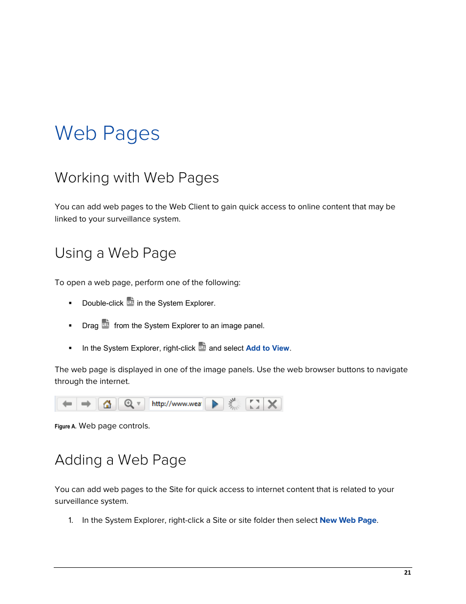 Web pages, Working with web pages, Using a web page | Adding a web page | Avigilon ACC Enterprise Web Version 5.2 User Manual | Page 31 / 90