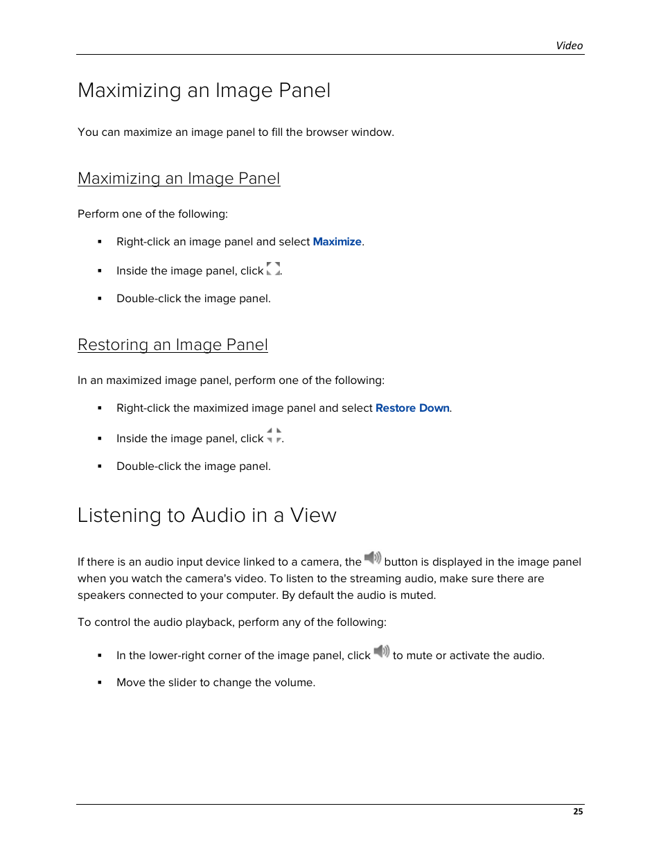 Maximizing an image panel, Restoring an image panel, Listening to audio in a view | Avigilon ACC Enterprise Web Version 5.2 User Manual | Page 35 / 90