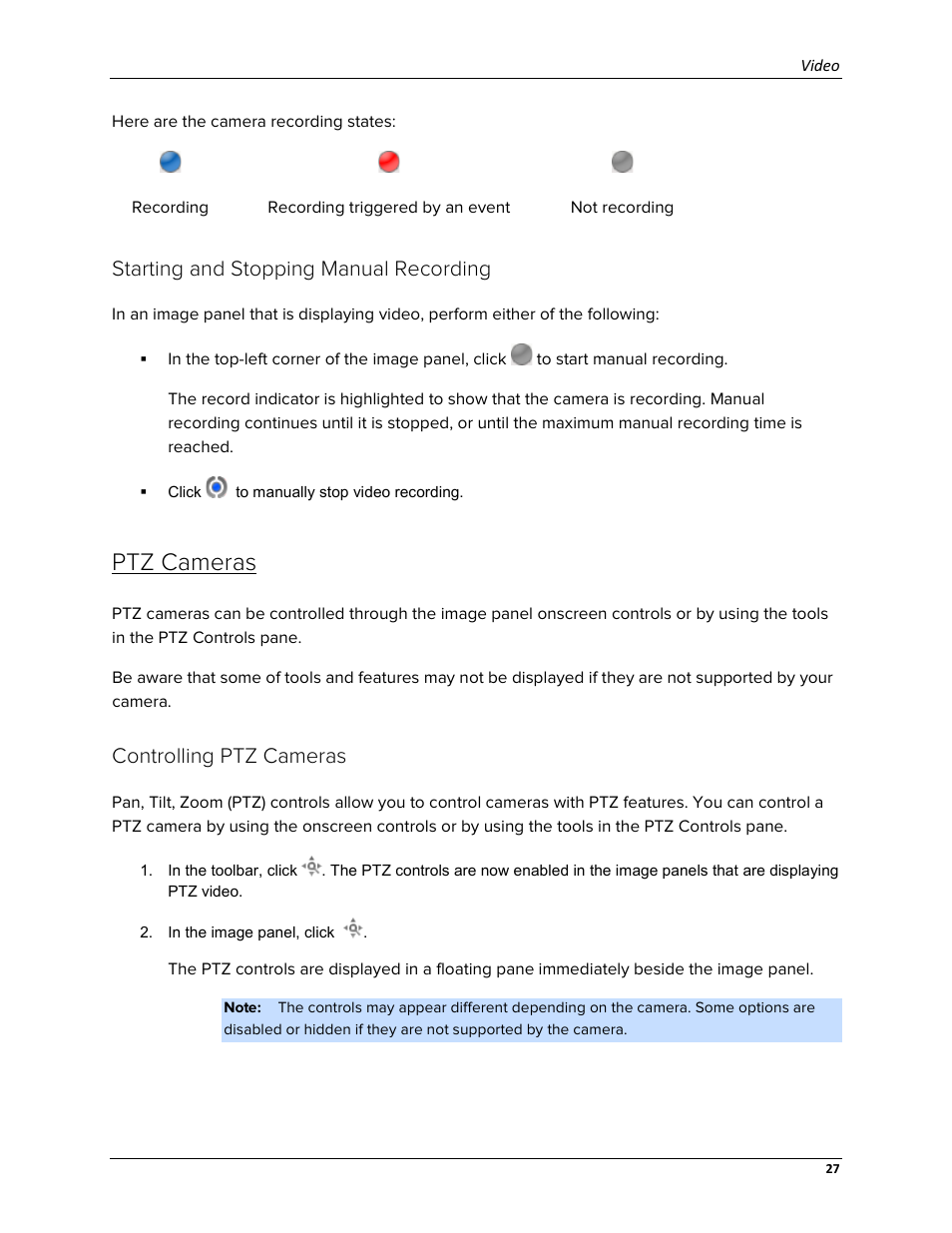 Starting and stopping manual recording, Ptz cameras, Controlling ptz cameras | Avigilon ACC Enterprise Web Version 5.2 User Manual | Page 37 / 90