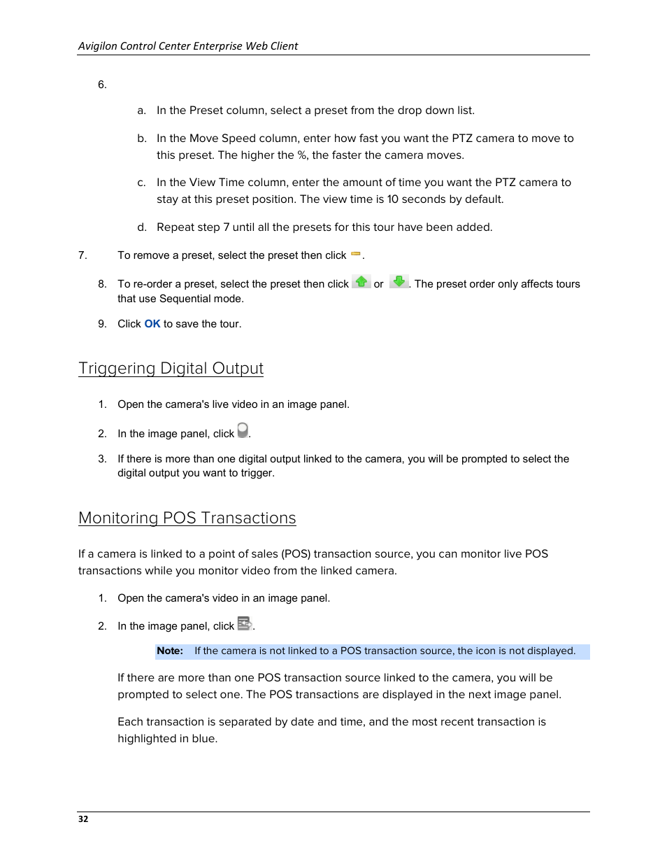 Triggering digital output, Monitoring pos transactions | Avigilon ACC Enterprise Web Version 5.2 User Manual | Page 42 / 90