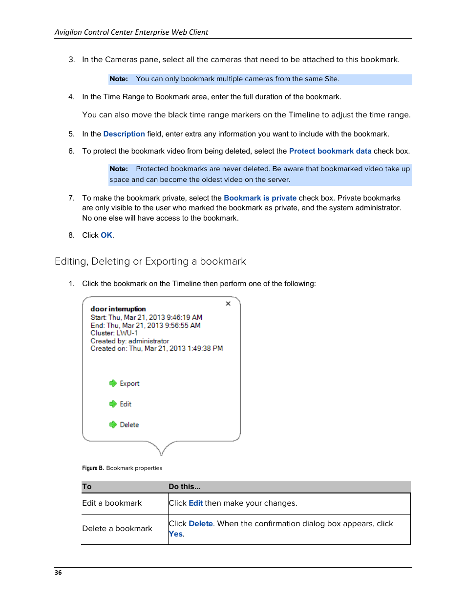 Editing, deleting or exporting a bookmark | Avigilon ACC Enterprise Web Version 5.2 User Manual | Page 46 / 90