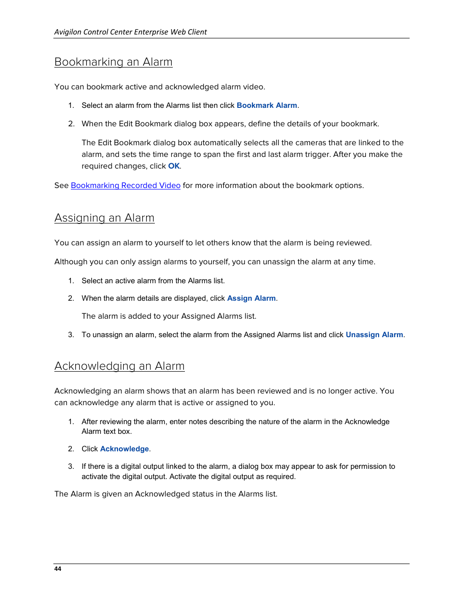 Bookmarking an alarm, Assigning an alarm, Acknowledging an alarm | Avigilon ACC Enterprise Web Version 5.2 User Manual | Page 54 / 90