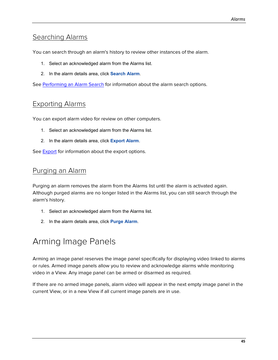 Searching alarms, Exporting alarms, Purging an alarm | Arming image panels | Avigilon ACC Enterprise Web Version 5.2 User Manual | Page 55 / 90